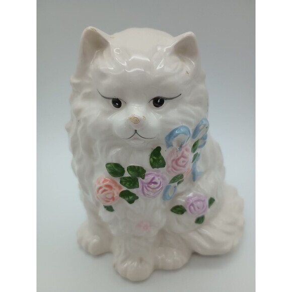 Persian Sitting Cat Planter white blue bow pink roses Tiawan Kitty Kitten - Picture 3 of 8